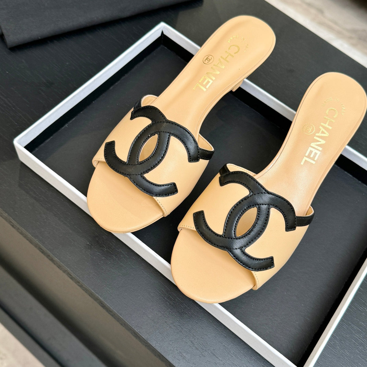Chanel 2026 Heeled Sandal Beige Black Lambskin