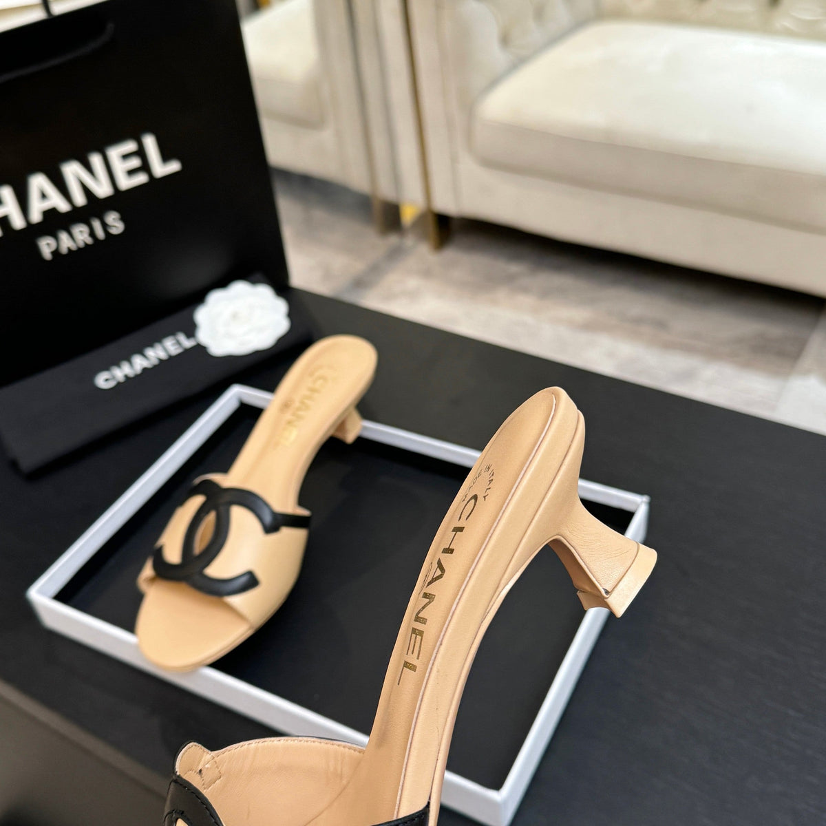 Chanel 2026 Heeled Sandal Beige Black Lambskin