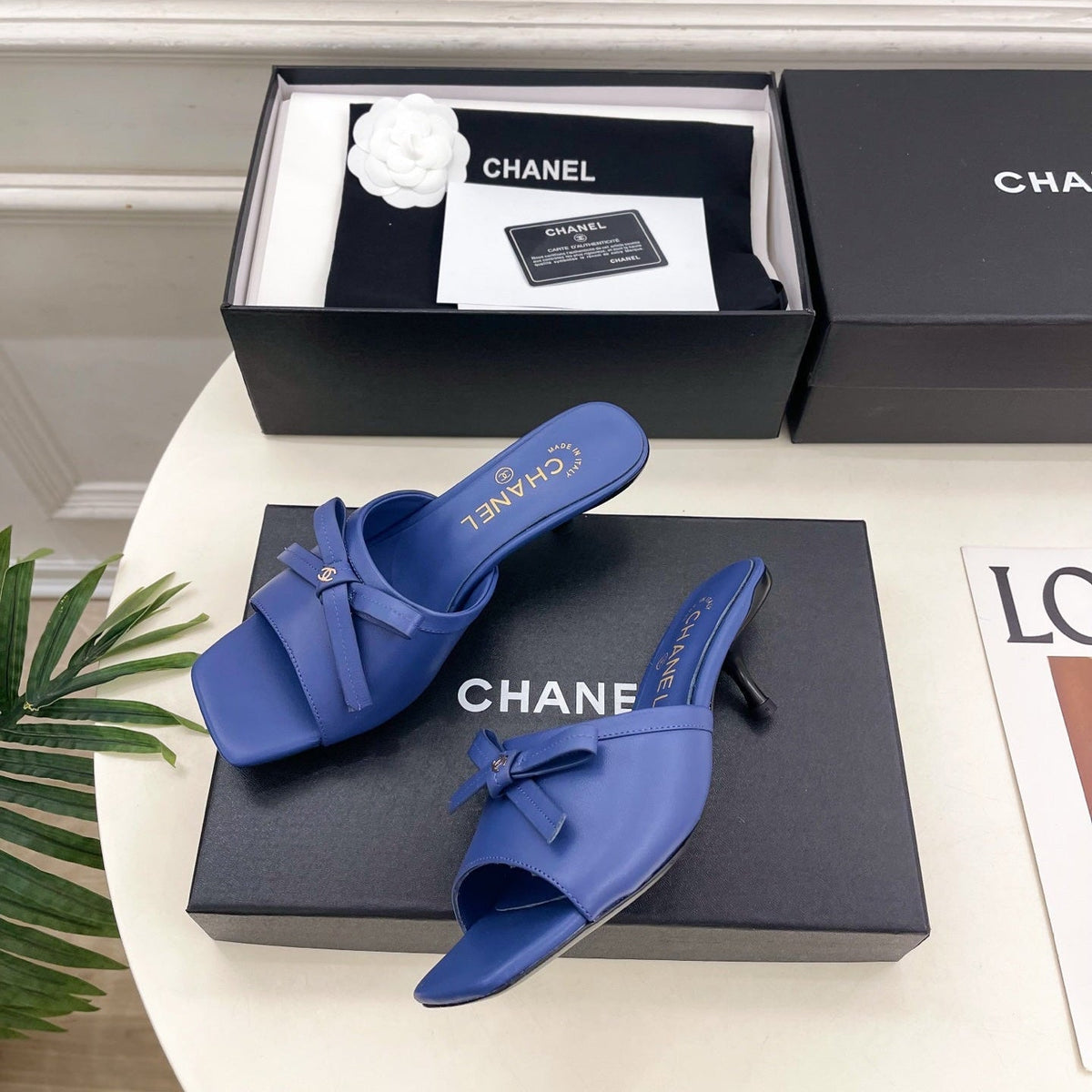CC Bow Mules 5cm Blue Lambskin Leather 891756