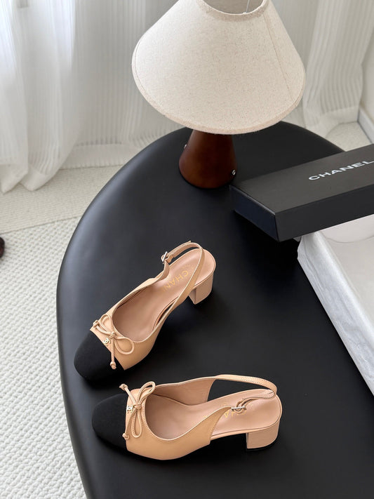 CC Square Toe Slingback Pumps Black Beige Leather 915052