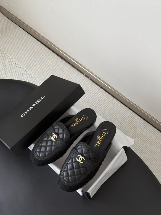CC Quilted Logo Strap Mules Black Tweed & Leather 914191