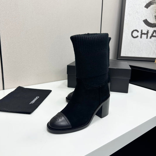 CC Mid-Calf Sock Boots Black Suede Stretch Knit 985658