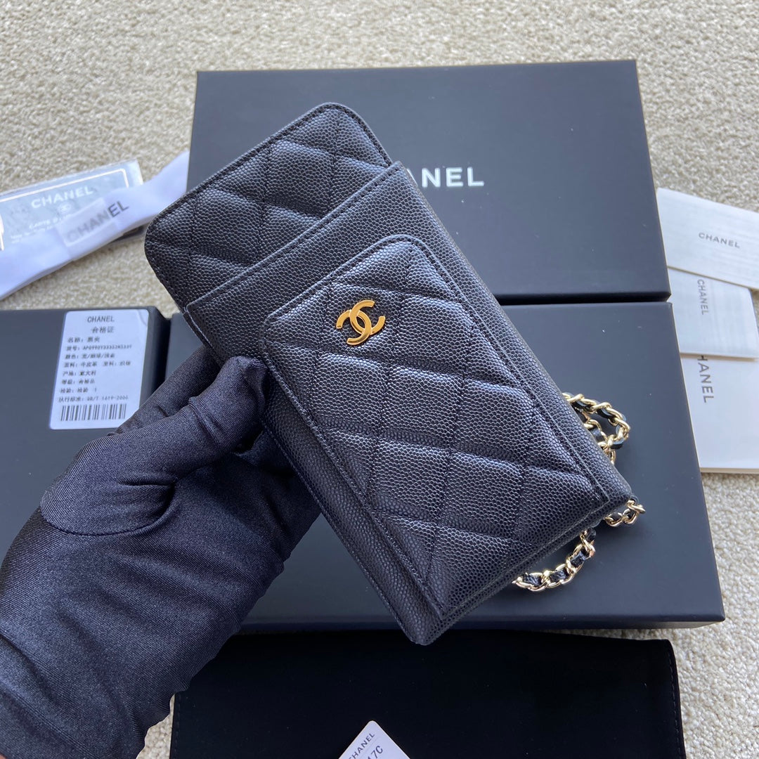 Chanel 2026 Phone Holder Crossbody Bag Black Caviar Leather