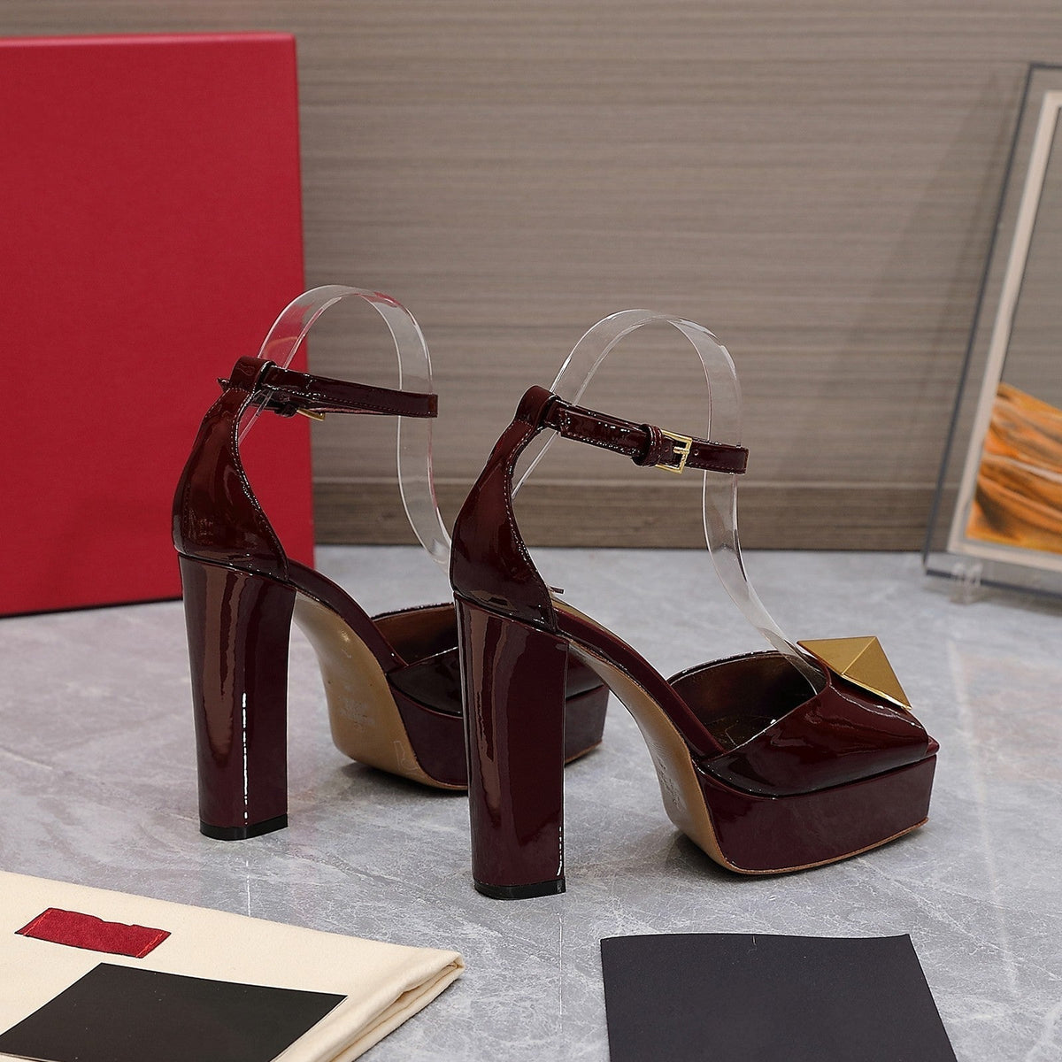Open Toe Pump With One Stud Gold Patent Burgundy Leather 130MM