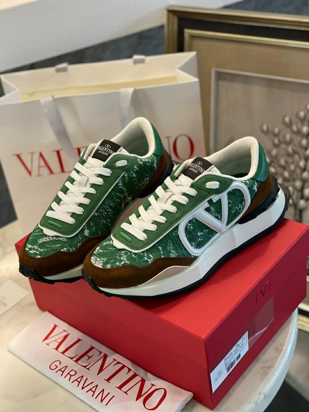 Lace And Mesh Lacerunner Sneaker In Green White Mix Earth Brown 994623