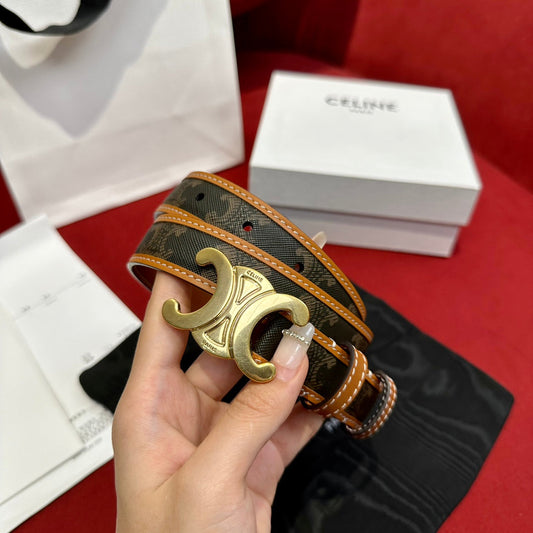 TRIOMPHE BELT 25MM REVERSIBLE IN DARK BROWN LOGO PRINT AND BROWN CALFSKIN WITH GOLD BUCKLE