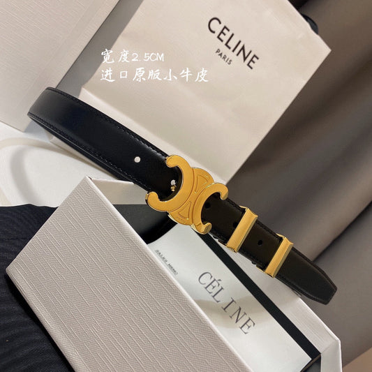 CL MEDIUM 25MM TRIOMPHE BELT IN BLACK CALFSKIN GOLD HARDWARE