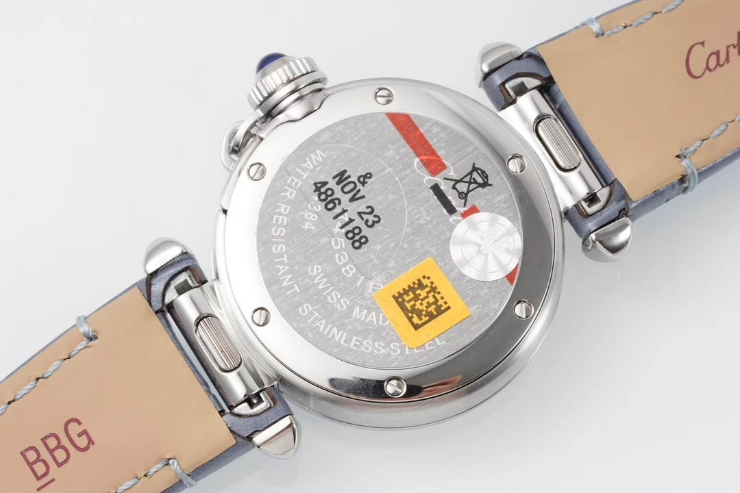 pasha 30mm quartz stainless steel white dial cloud blue leather