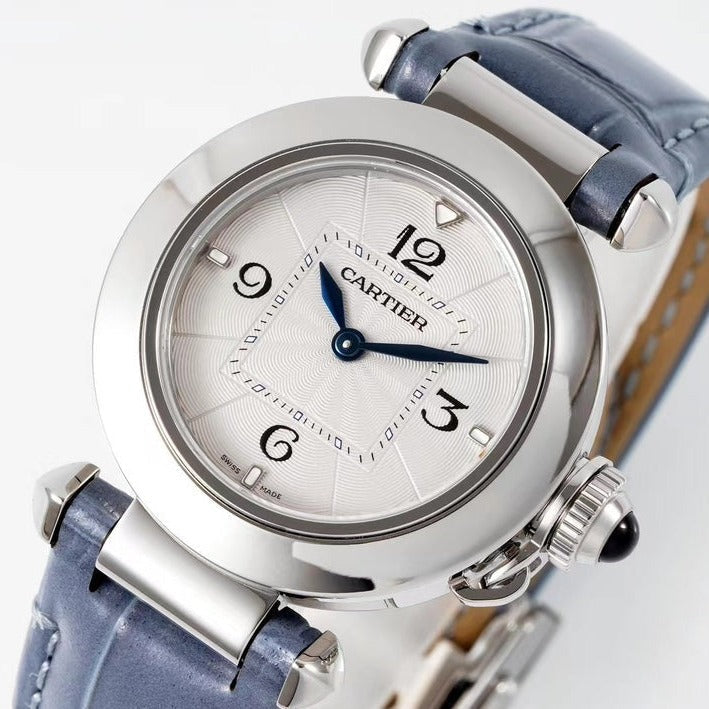 pasha 30mm quartz stainless steel white dial cloud blue leather