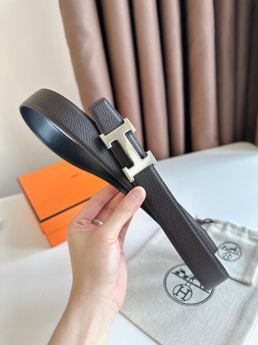 HM Silver H Buckle & Reversible 32mm Belt Black Ebony leather 124644