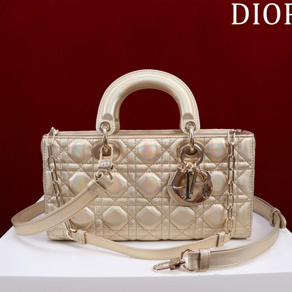 medium lady d-joy 26 beige metalic lambskin