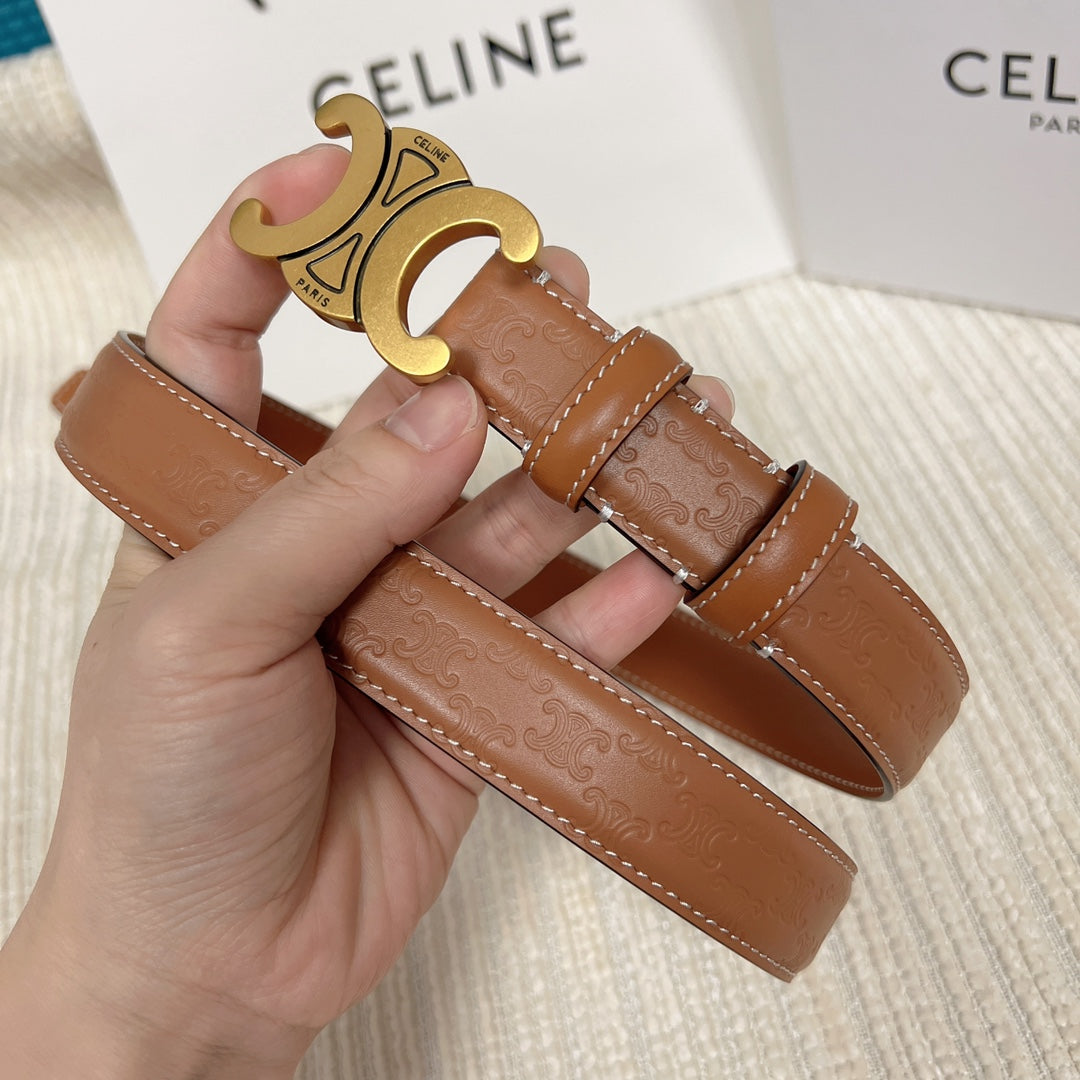 Medium Triomphe Belt 25mm Tan Calfskin White Line Finishing Gold Finishing