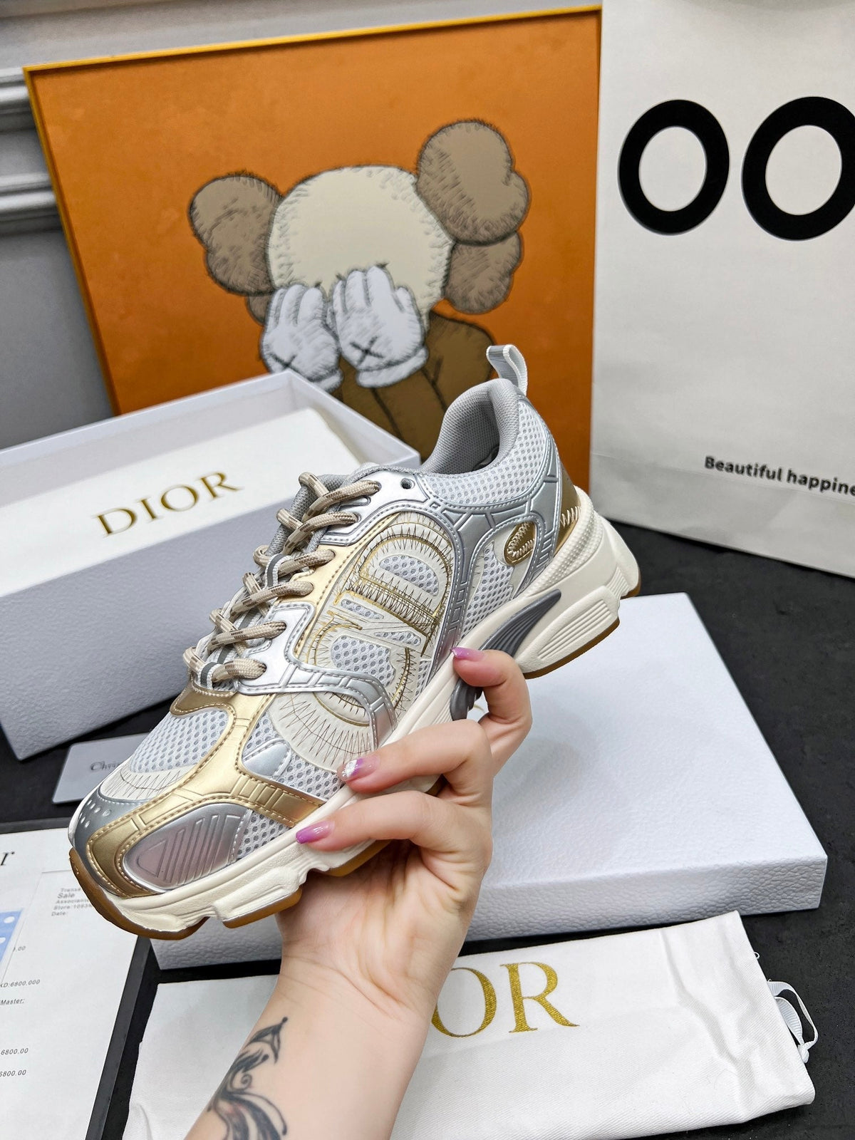 CD Chrono Sneaker Grey Gold Mesh Fabric And Calfskin