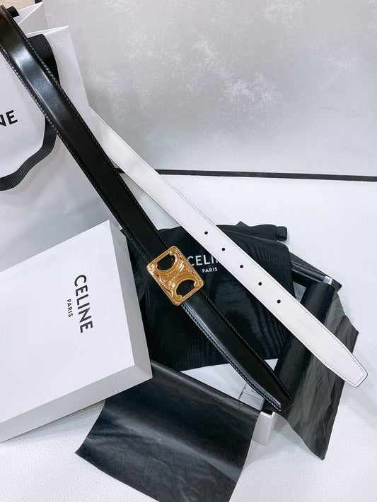 CL MEDIUM 25 MM TRIOMPHE BELT IN TAURILLON AND BLACK CALFSKIN GOLD HARDWARE