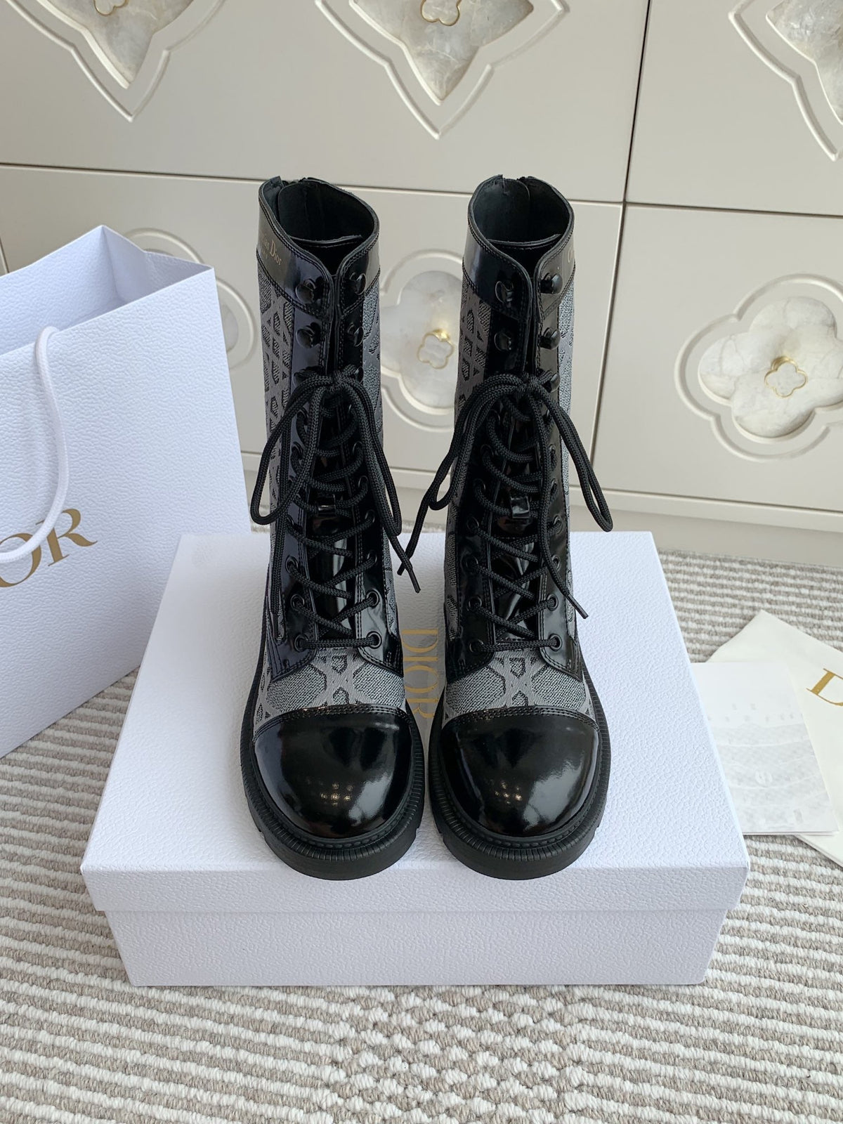 CD D-Unit Ankle Boot In Grey Mix Black Denim Fabric And Glossy Cowhide 105084