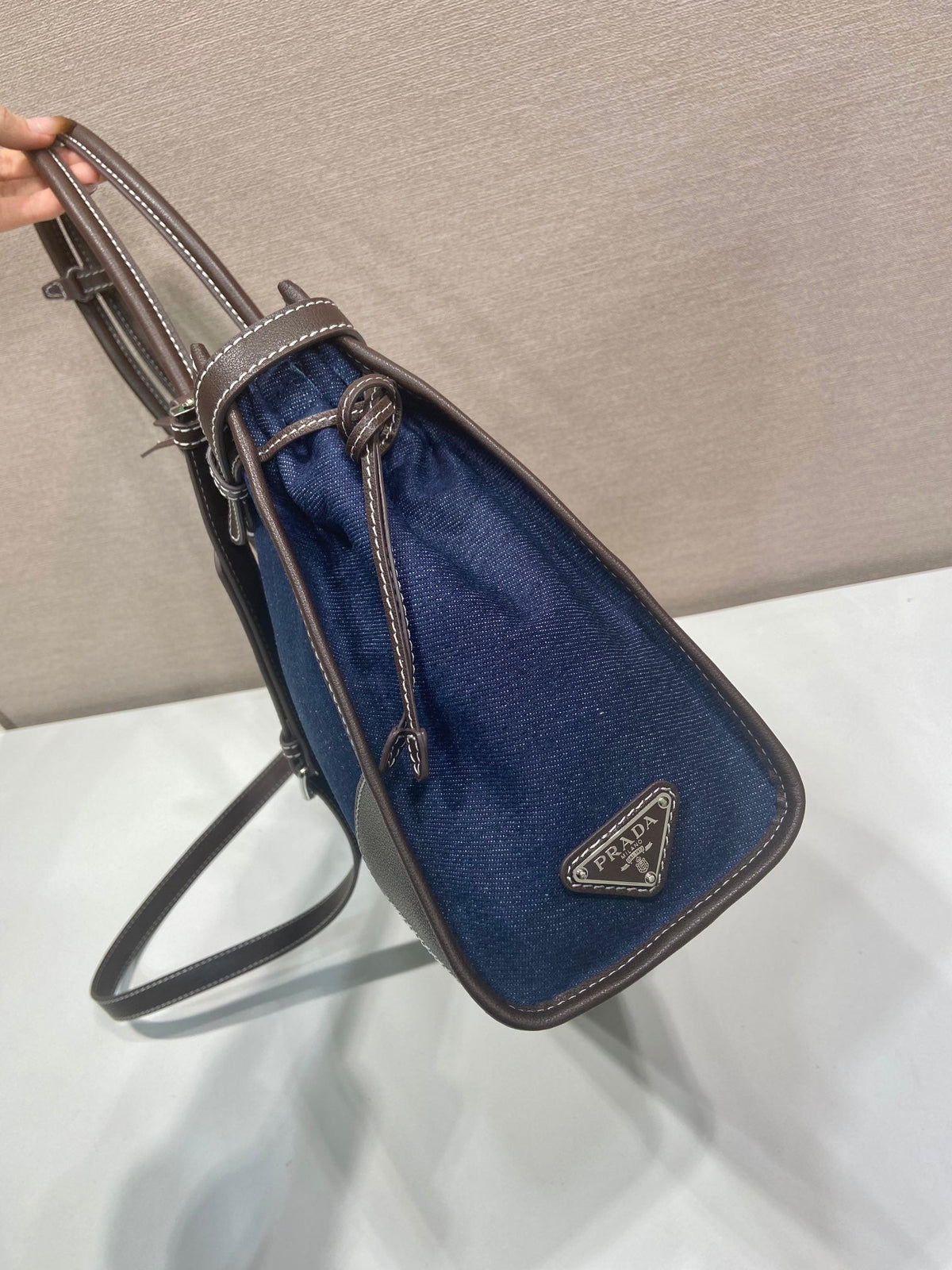 Prada 2026 Bonnie Bag 38cm Blue Brown Denim Leather 351797