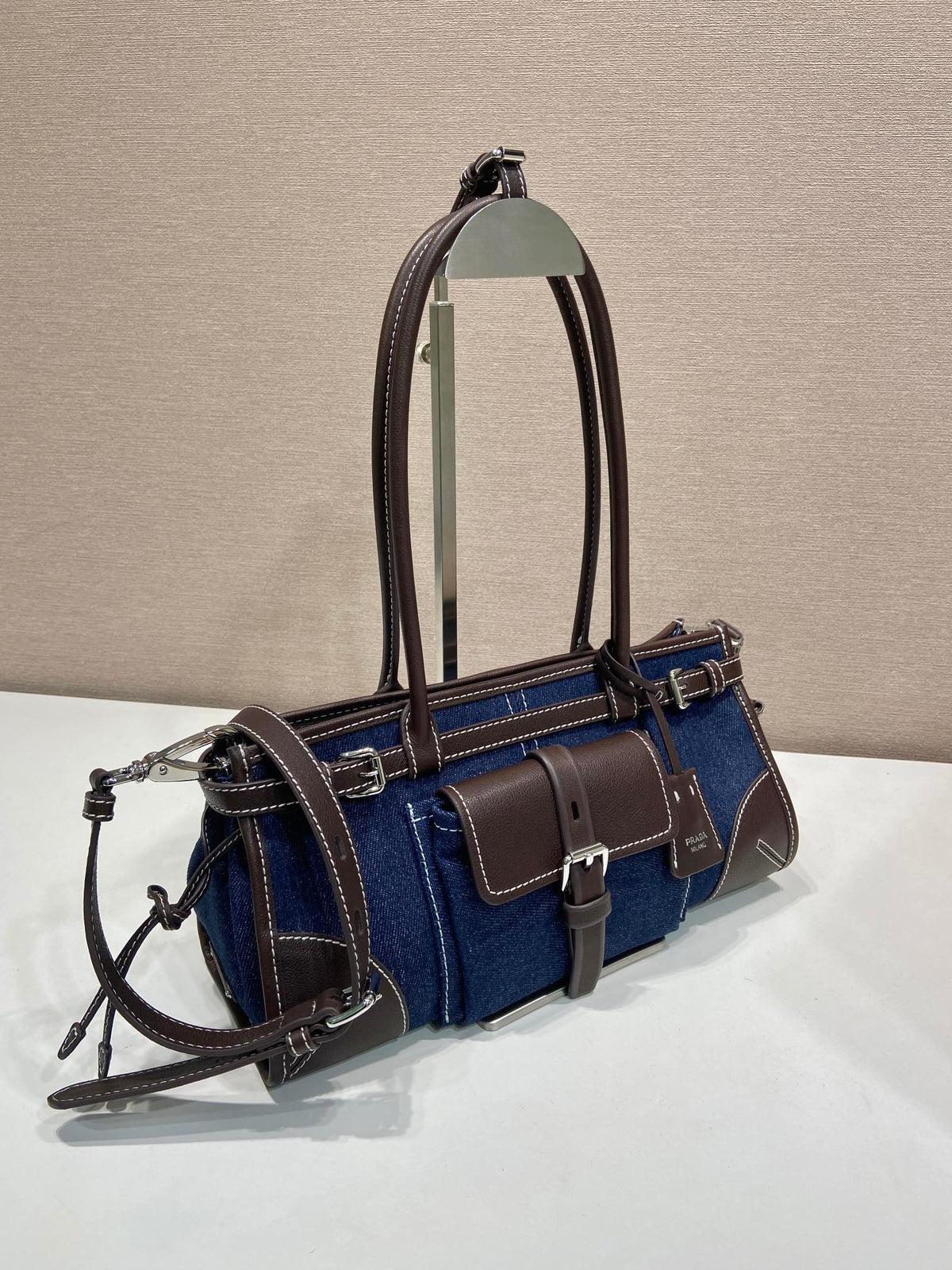 Prada 2026 Bonnie Bag 32cm Blue Brown Denim Leather 351805