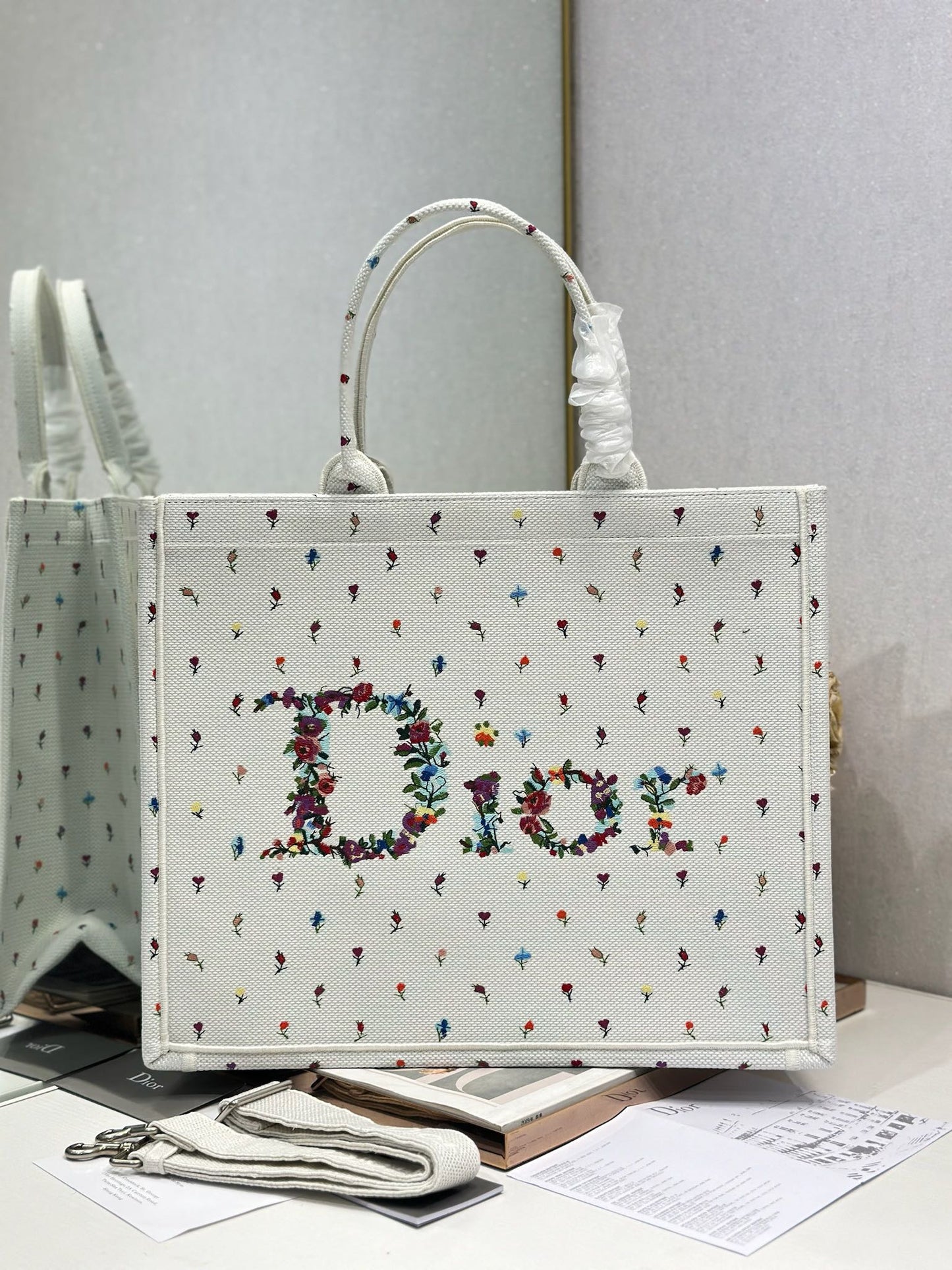 Dior 2026 Book Tote Bag White Multicolor Revolution Flowers Embroidery Canvas 288406