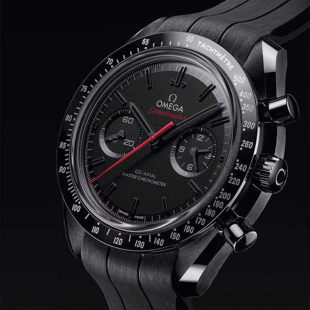 Speedmaster Dark Side of the Moon Black Ceramic 44.25mm - Full Black w/ Red Seconds Hand on Rubber Strap