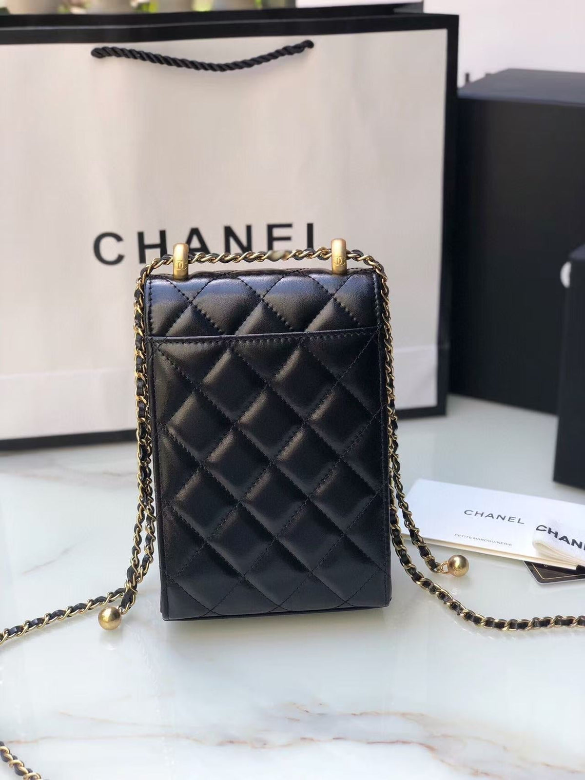 Chanel Phone Chain Bag Black Gold Calfskin