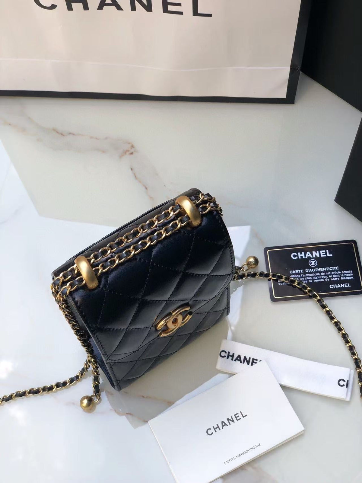 Chanel Phone Chain Bag Black Gold Calfskin