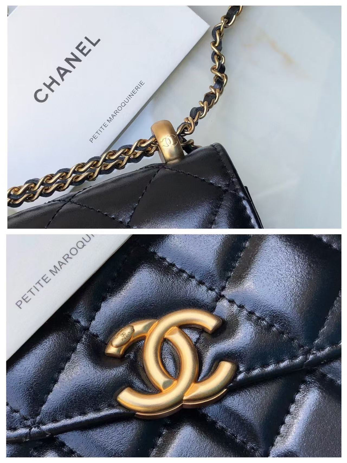 Chanel Phone Chain Bag Black Gold Calfskin