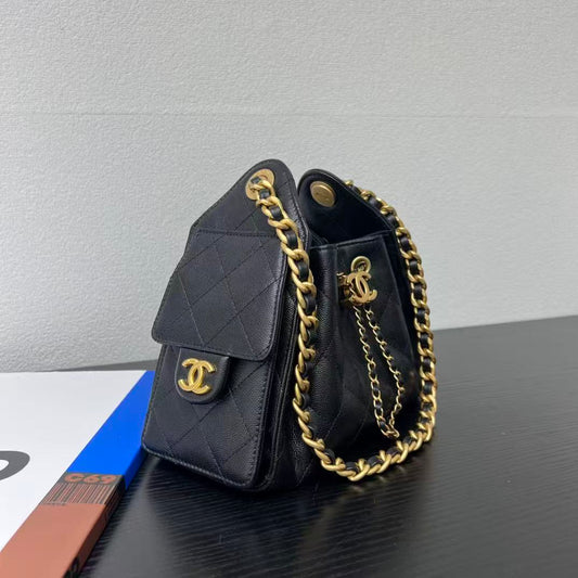 Chanel 2025 Hobo Bag 22cm Black Gold Grained Calfskin