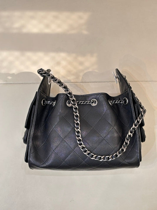 Chanel 2025 Hobo Bag 22cm Black Caviar Leather With Silver Hardware