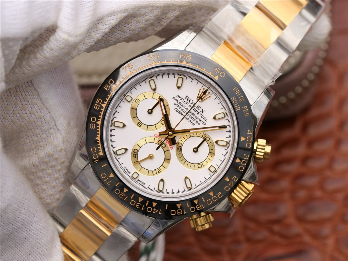 DAYTONA 40MM GOLD STEEL BLACK BEZEL WHITE DIAL