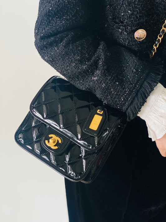 CC 2025 Medium Flap Bag Black Patent Calfskin