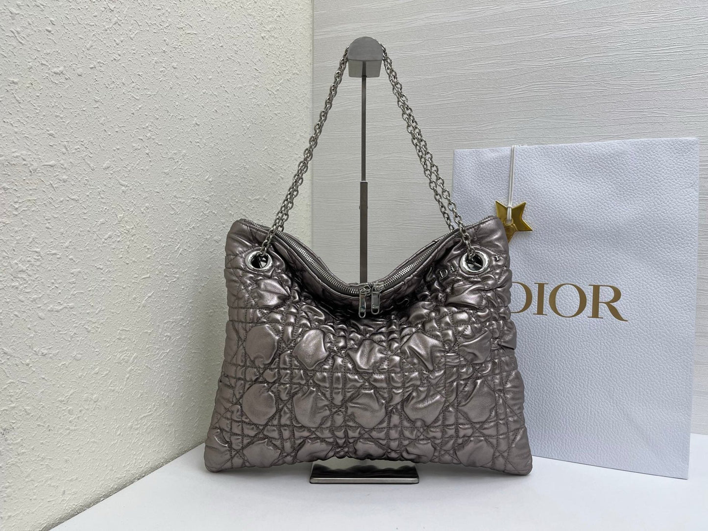CD Small Cannage Quilted Tote Bag Silver Metallic Cowhide 158105