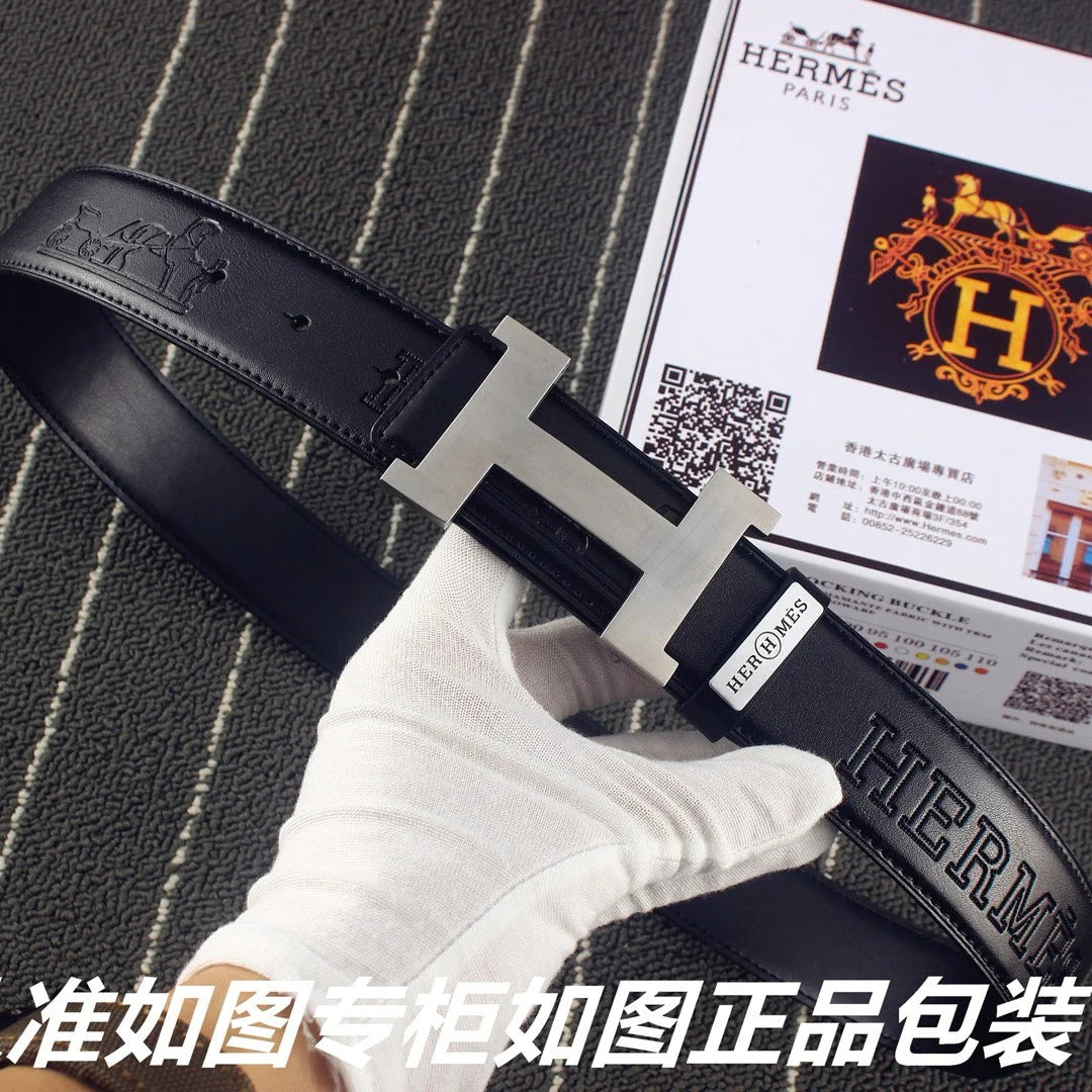 HM Constance Belt 38mm Black Calfskin Sliver Buckle 619960