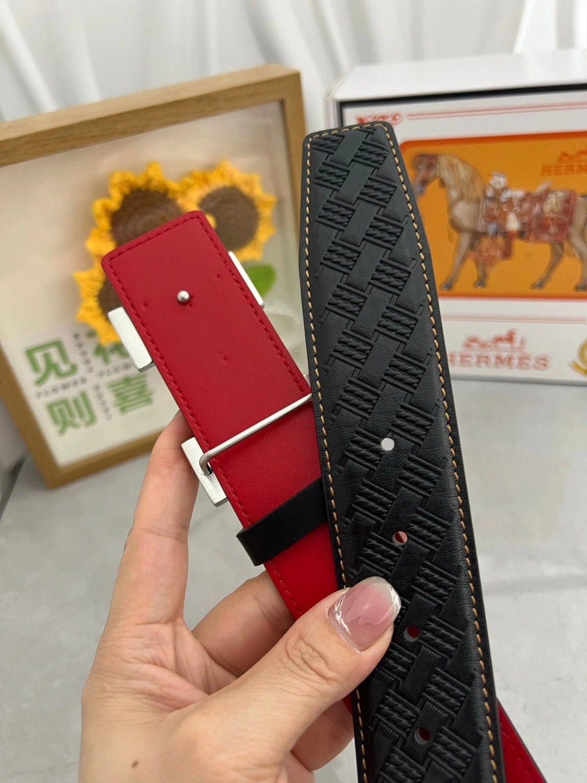 HM Belt 38mm Black Red Cowhide Leather Sliver Buckle 618970