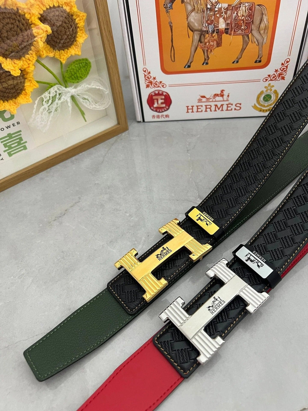 HM Belt 38mm Black Red Cowhide Leather Sliver Buckle 618970