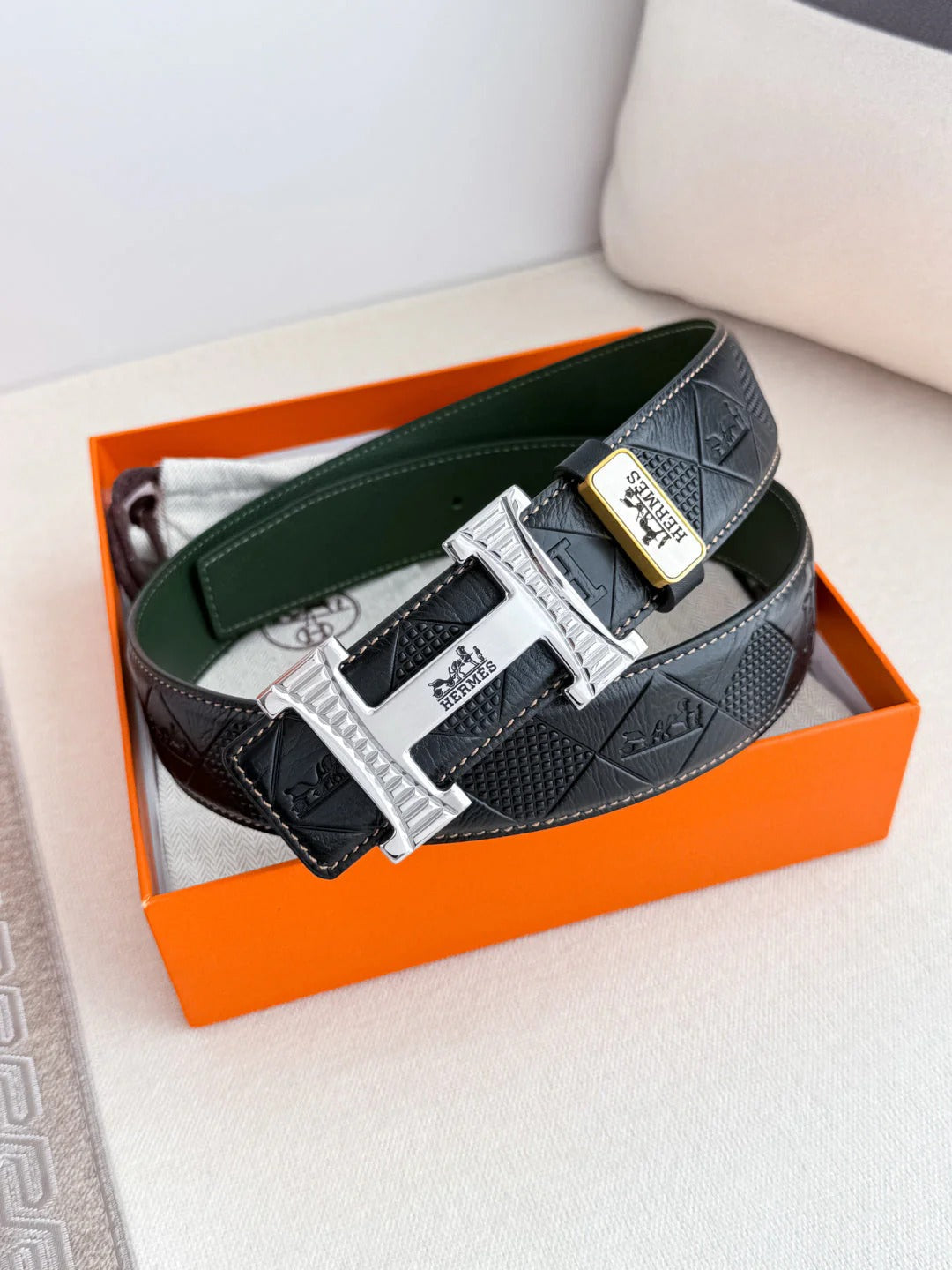HM Constance Belt 38mm Black Green Cowhide Sliver Buckle 620241