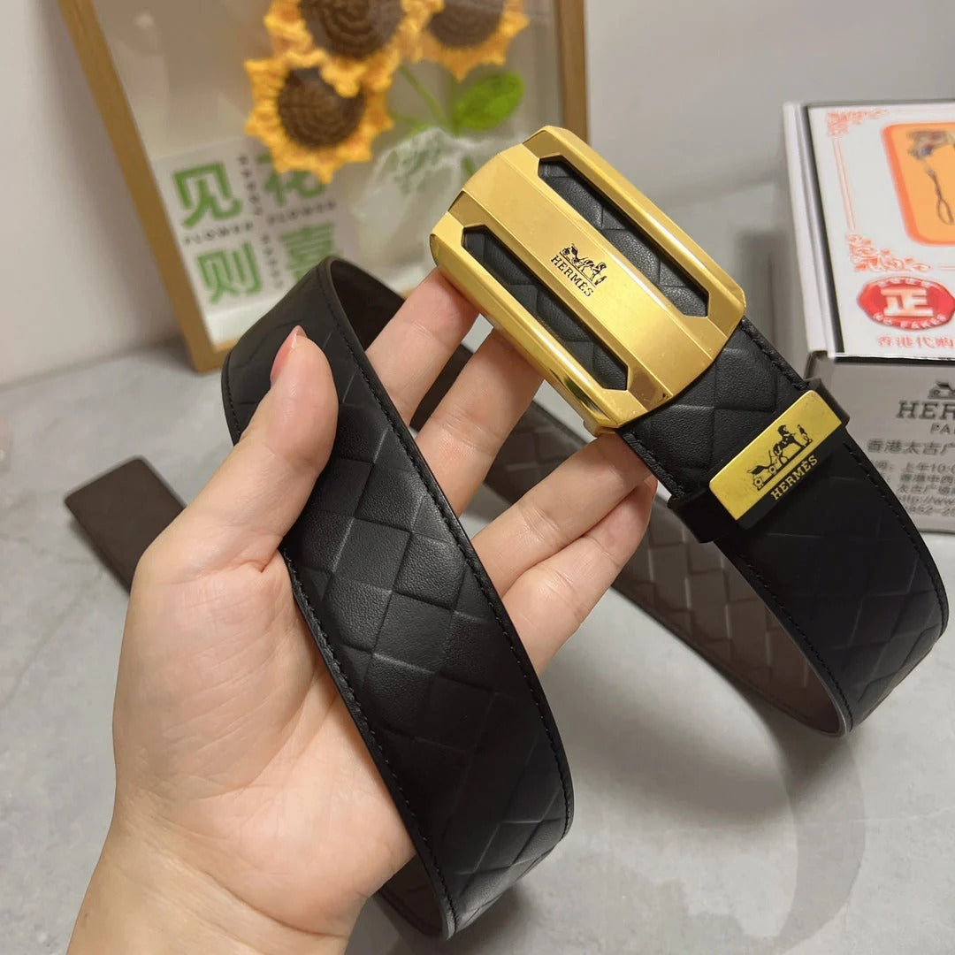 HM Belt 38mm Black Calfskin Leather Gold Buckle 619596