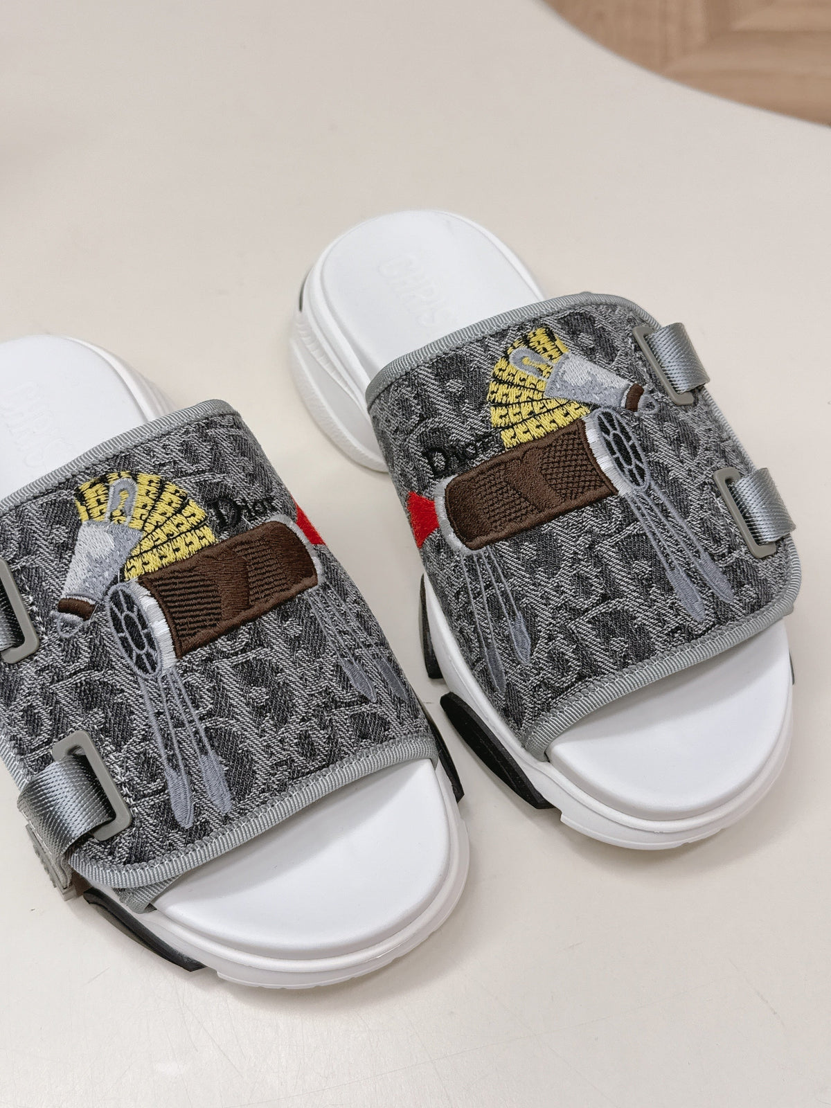 CD 26s Platform Slippers 35 Gray White Canvas Lambskin 643811