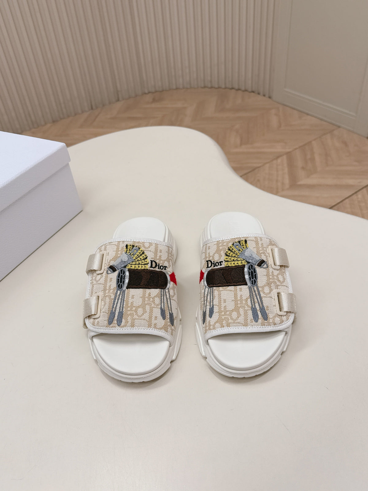 CD 26s Platform Slippers 35 Beige White Canvas Lambskin 643812