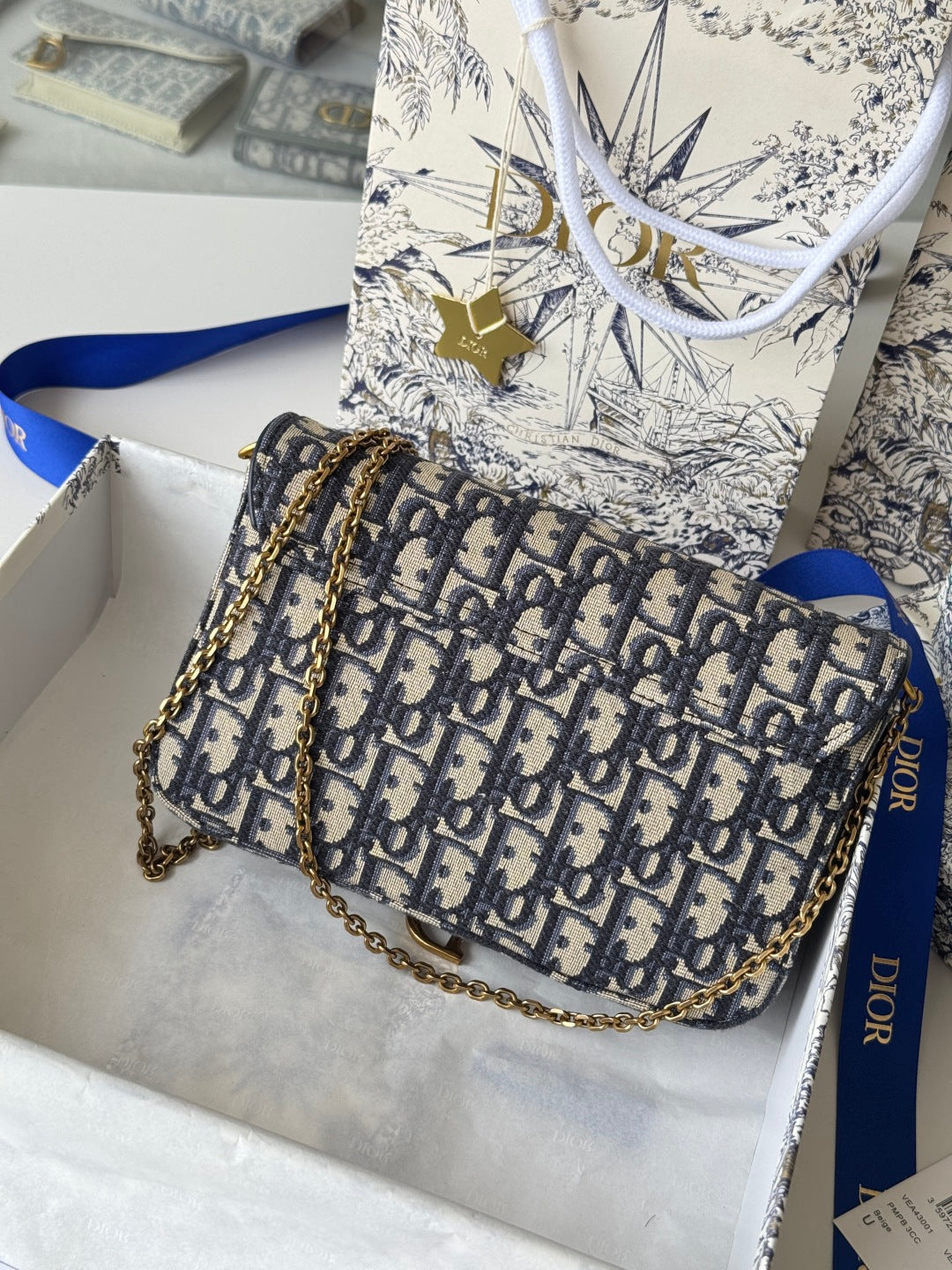 CD Medium Saddle Pouch with Chain 21.5cm Blue Jacquard Cowhide GHW