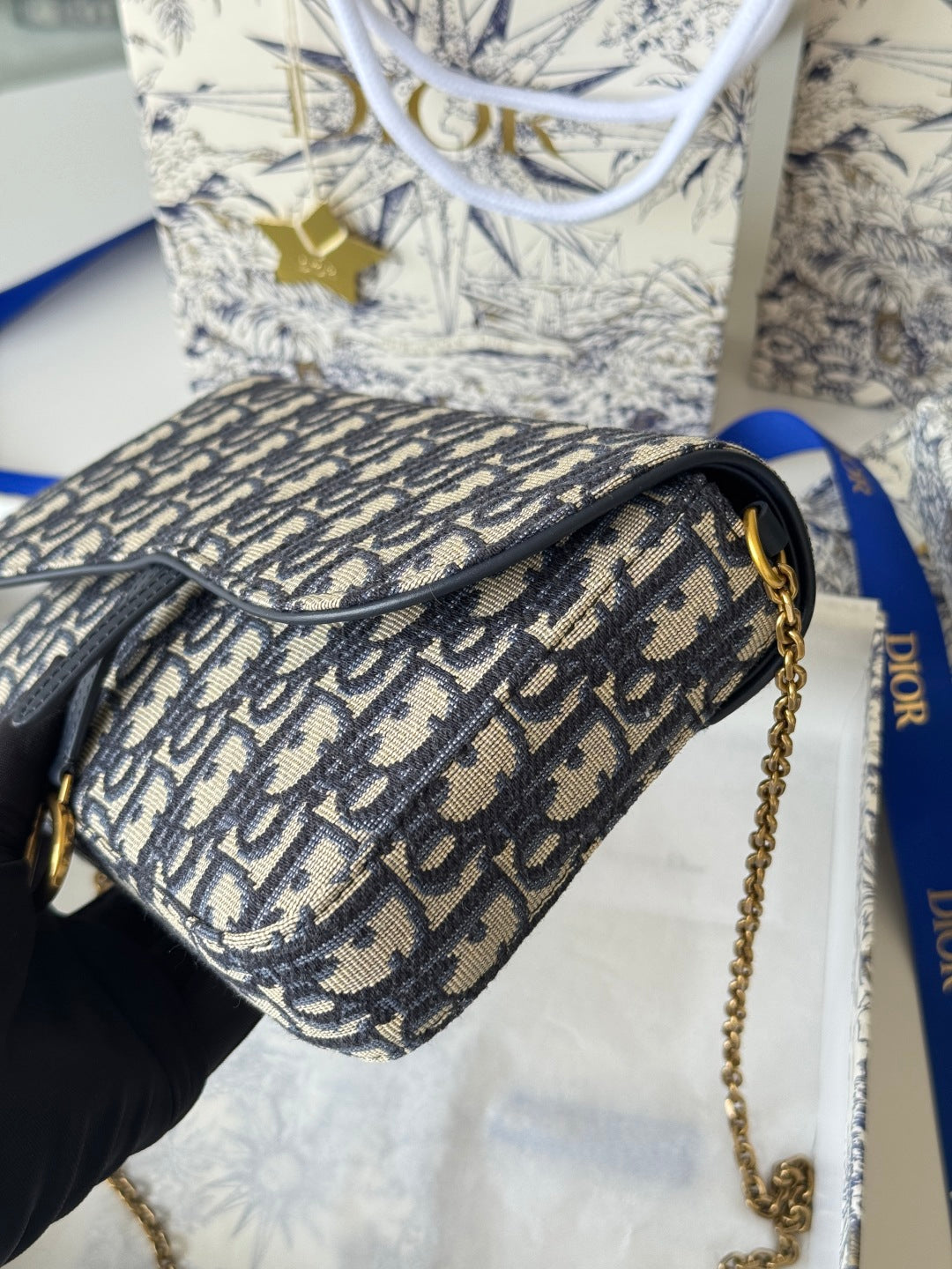 CD Medium Saddle Pouch with Chain 21.5cm Blue Jacquard Cowhide GHW