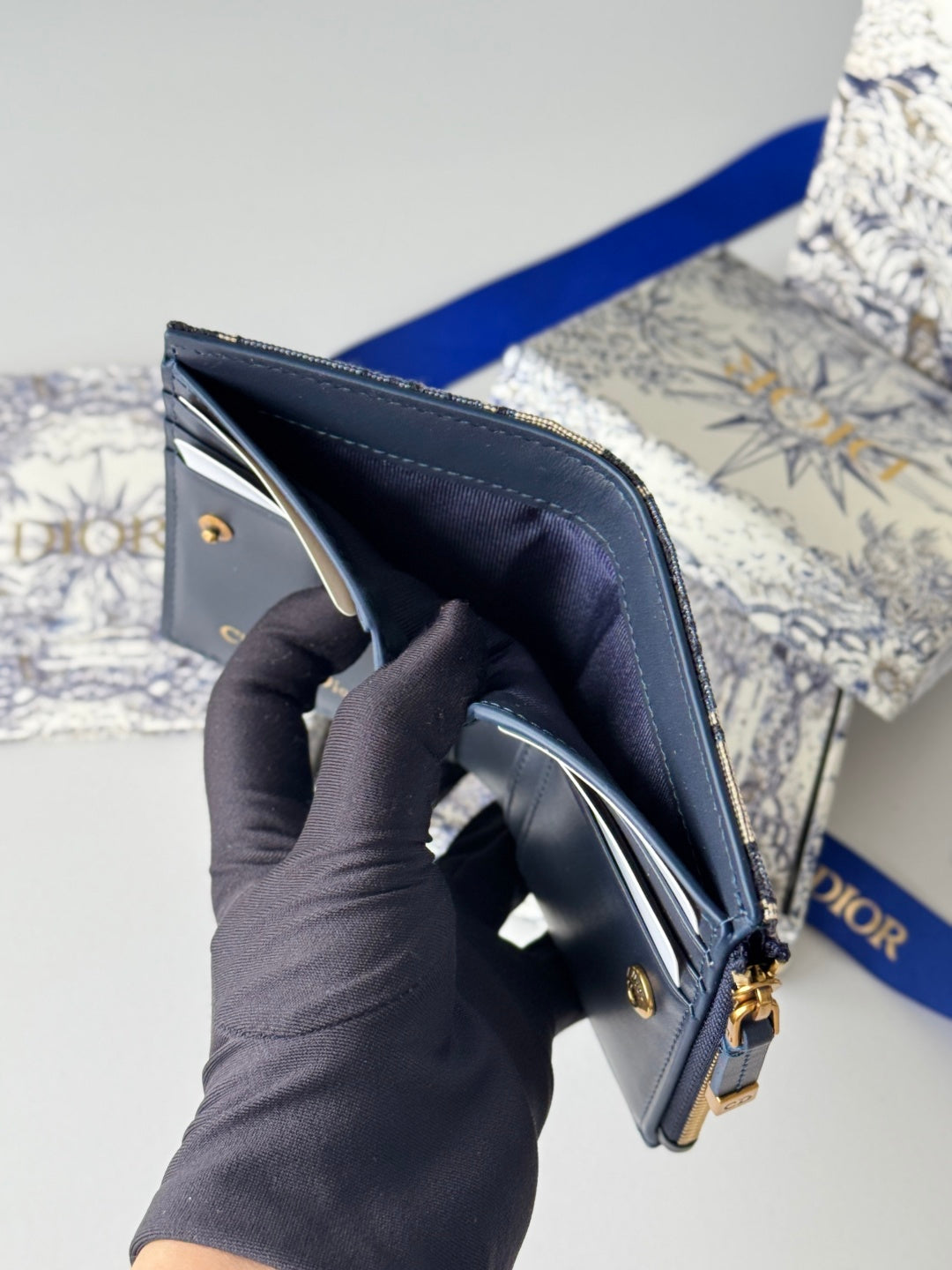 CD 30 Montaigne Dahlia Wallet 12cm Blue Fabric & Calfskin Jacquard