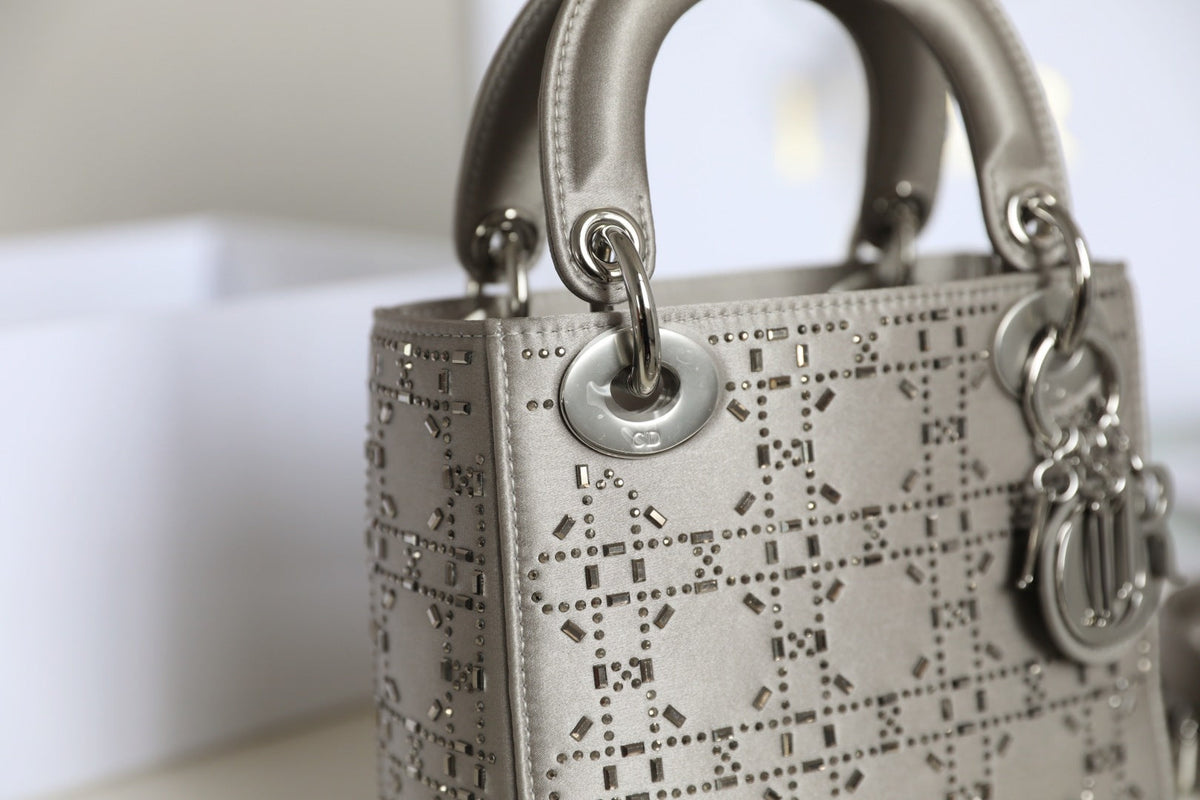 CD Lady Dior Mini Diamond Bag Gray Satin