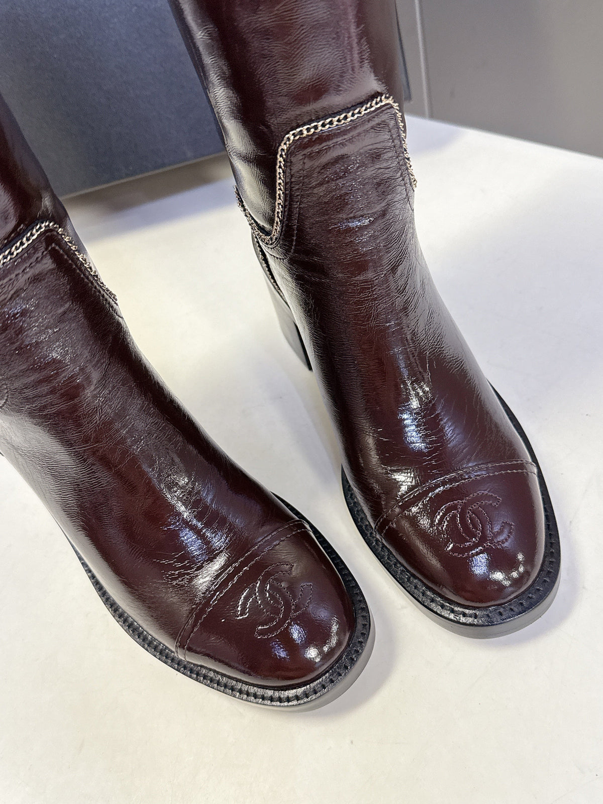 CC 26s Chain-Embellished Long Boots Brown Glossy Lambskin 948053