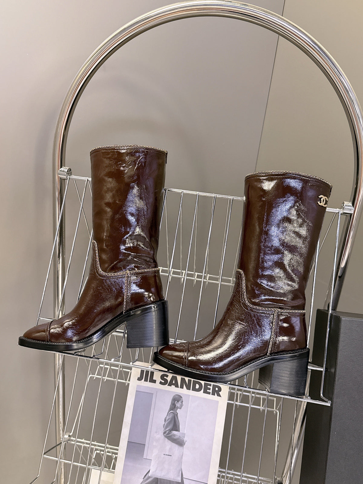 CC 26s Chain-Embellished Long Boots Brown Glossy Lambskin 948053