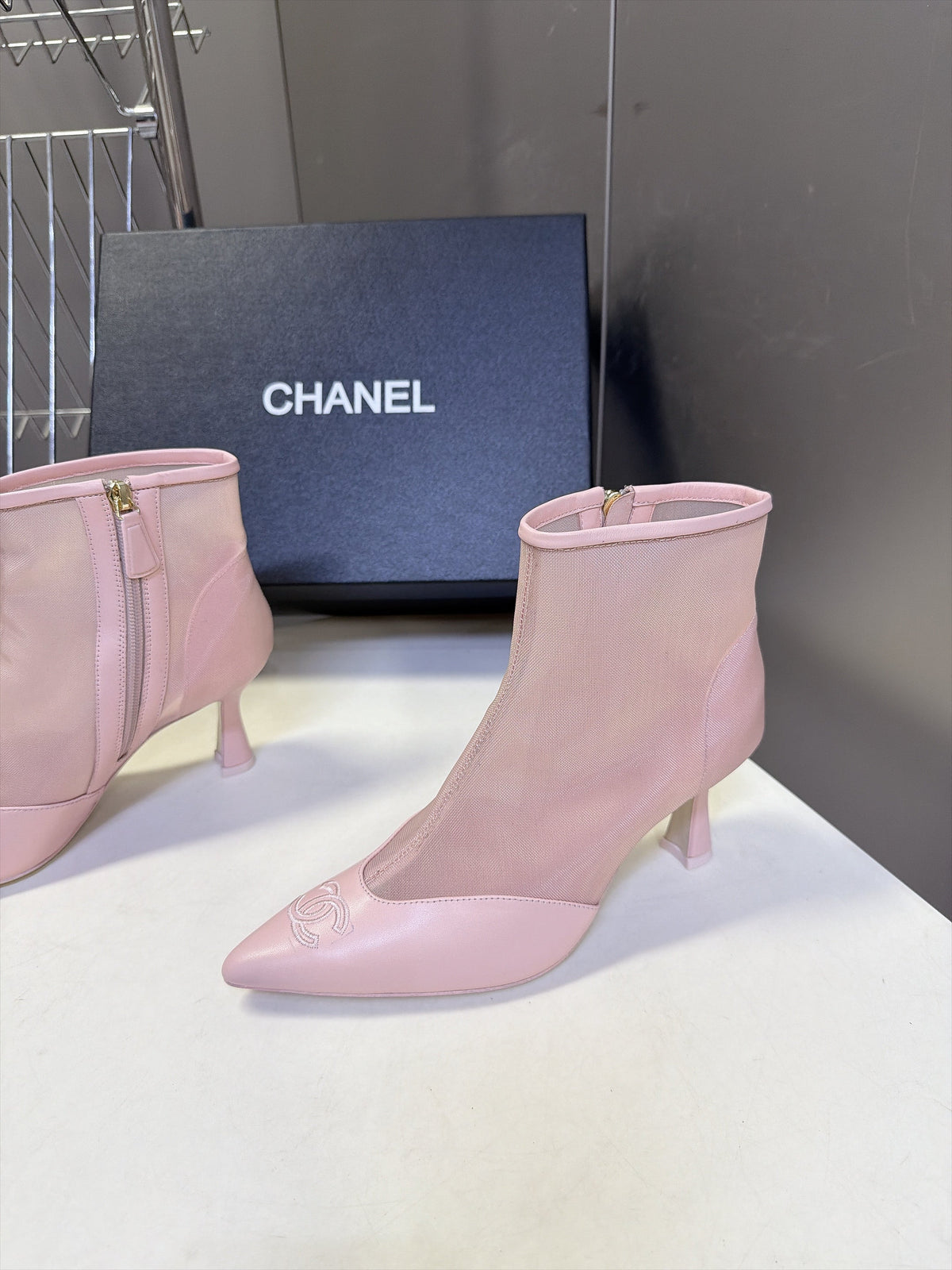 CC 26S Pointed Ankle Boots 5cm Pink Mesh Leather 113929