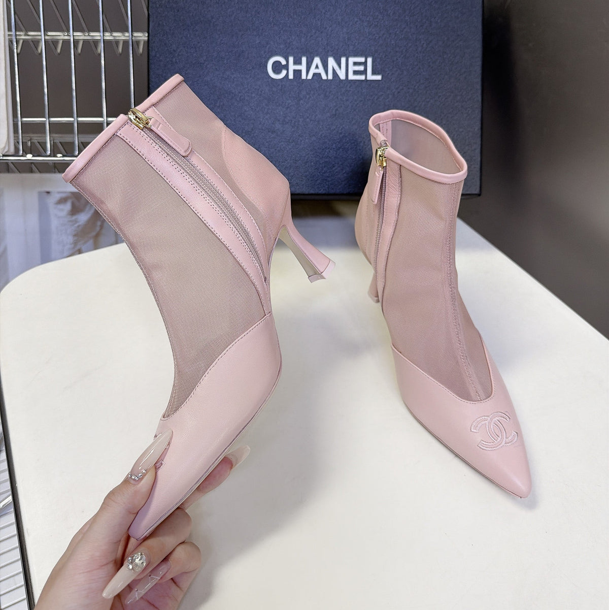 CC 26S Pointed Ankle Boots 5cm Pink Mesh Leather 113929