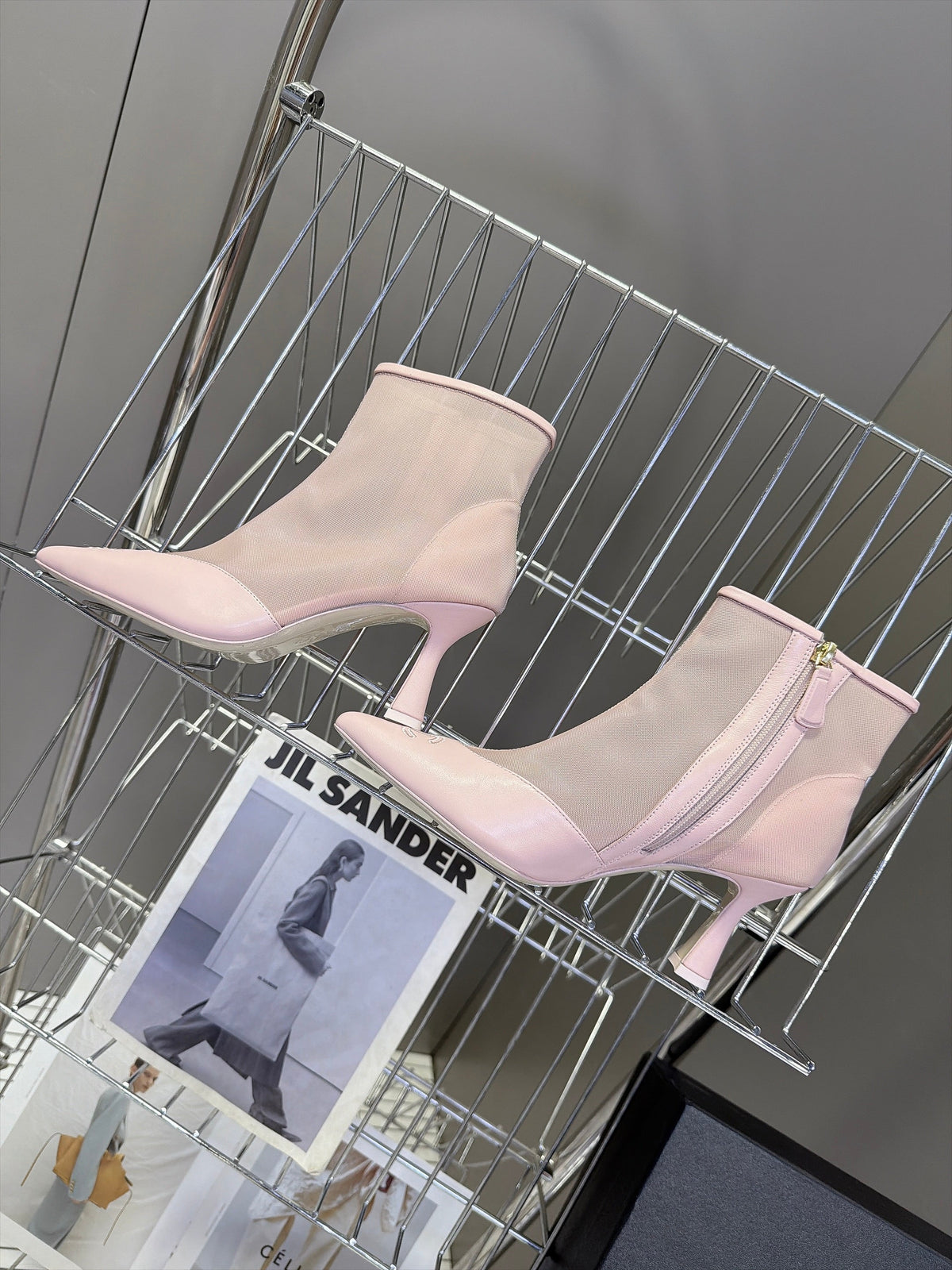 CC 26S Pointed Ankle Boots 5cm Pink Mesh Leather 113929