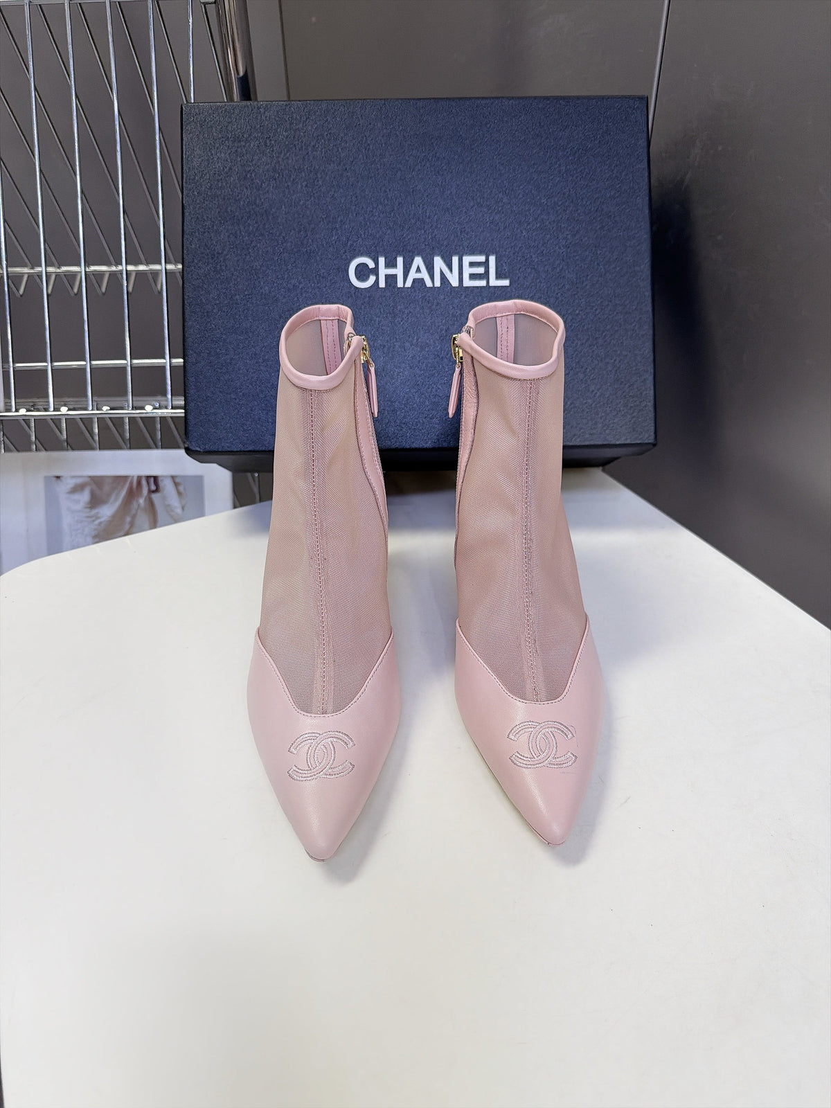 CC 26S Pointed Ankle Boots 5cm Pink Mesh Leather 113929
