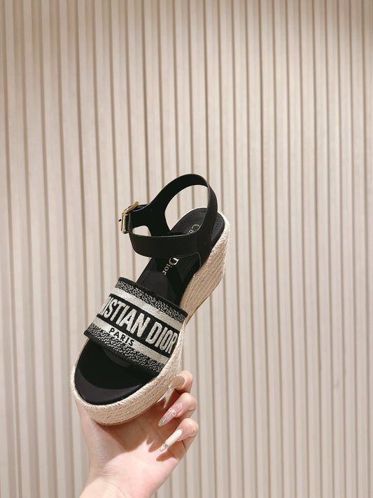 CD Dway Wedge Sandal 85mm Black Calfskin and Embroidered 483078