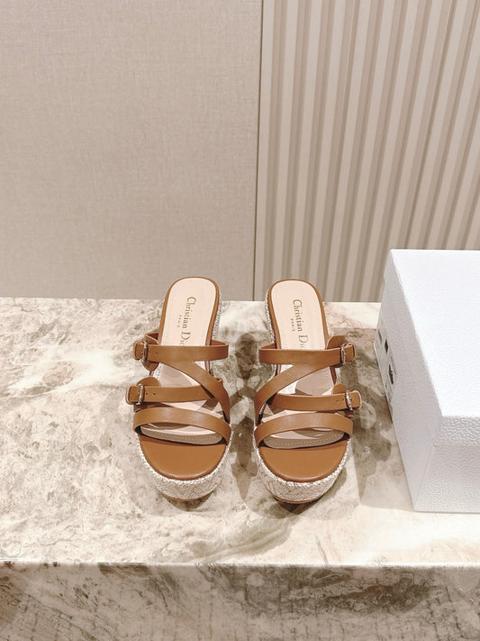 CD Wedge Hemp Sandal 85mm Brown Beige Lambskin 483083